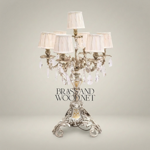 Baroque Brass 5-Arm Candelabra Table Lamp Crystal Drops Fabric Shades Classical Ornate Silver Front | Brass & Wood