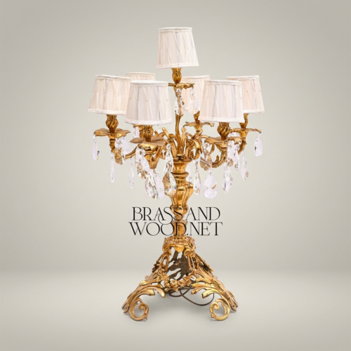Baroque Brass 5-Arm Candelabra Table Lamp Crystal Drops Fabric Shades Classical Ornate Antique Gold Front | Brass & Wood