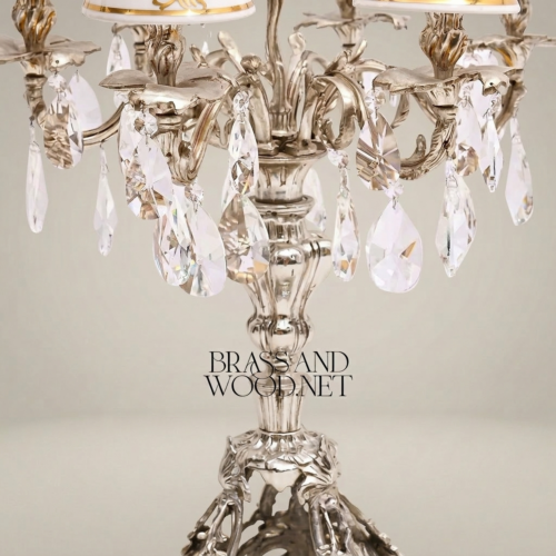 Baroque Brass 5-Arm Candelabra Table Lamp Crystal Drops Fabric Shades Classical Ornate Silver Front | Brass & Wood