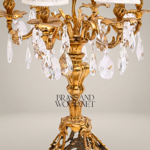 Baroque Brass 5-Arm Candelabra Table Lamp Crystal Drops Fabric Shades Classical Ornate Antique Gold Front | Brass & Wood