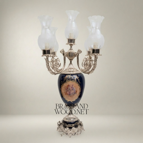 Baroque 5-Arm Brass Candelabra Table Lamp with Navy Blue Floral Ceramic Urn Base and Frosted Glass Shades Silver Front | Brass & Wood