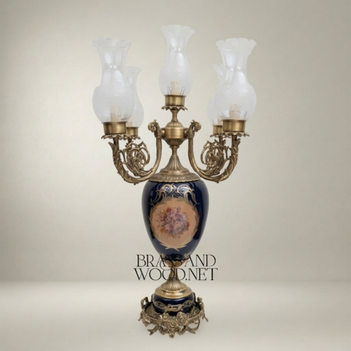 Baroque 5-Arm Brass Candelabra Table Lamp with Navy Blue Floral Ceramic Urn Base and Frosted Glass Shades Antique Gold Front | Brass & Wood