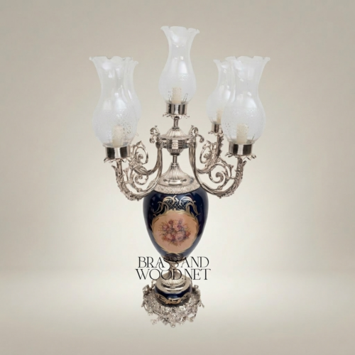 Baroque 5-Arm Brass Candelabra Table Lamp with Navy Blue Floral Ceramic Urn Base and Frosted Glass Shades Silver Front | Brass & Wood