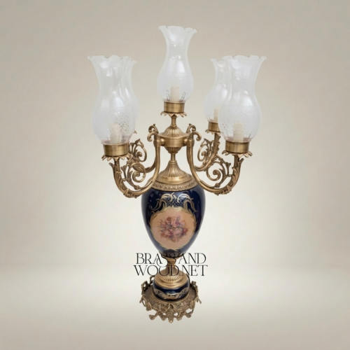Baroque 5-Arm Brass Candelabra Table Lamp with Navy Blue Floral Ceramic Urn Base and Frosted Glass Shades Antique Gold Front | Brass & Wood