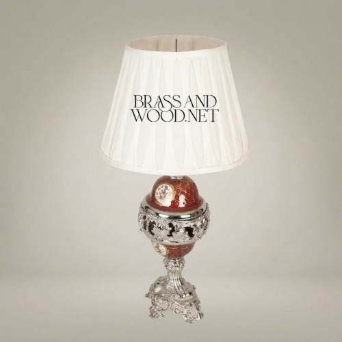 Baroque Brass and Wine Ceramic Table Lamp with Ornate Globe Base and Pleated Off-White Shade Silver Front | Brass & Wood