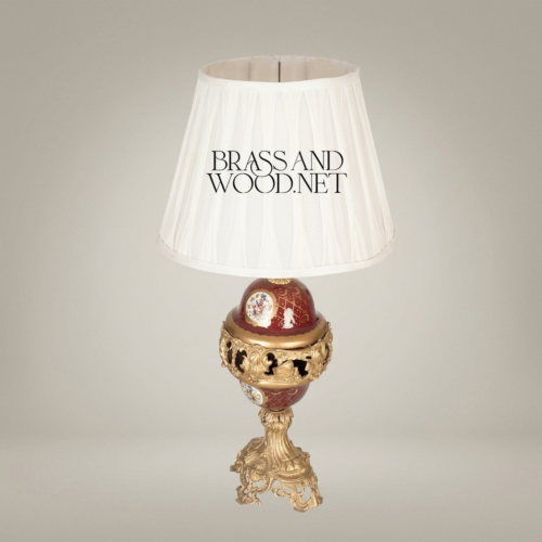 Baroque Brass and Wine Ceramic Table Lamp with Ornate Globe Base and Pleated Off-White Shade Antique Gold Front | Brass & Wood