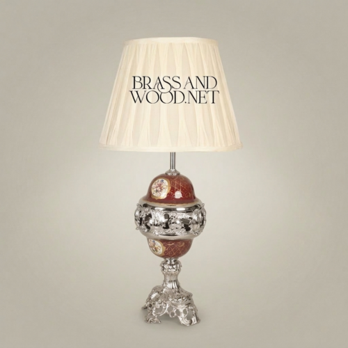 Baroque Brass and Wine Ceramic Table Lamp with Ornate Globe Base and Pleated Off-White Shade Silver Front | Brass & Wood