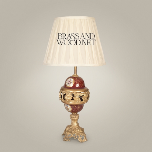 Baroque Brass and Wine Ceramic Table Lamp with Ornate Globe Base and Pleated Off-White Shade Antique Gold Front | Brass & Wood