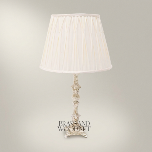 Baroque Brass and Ceramic Table Lamp Ornate Twisted Sphere Column Off-White Pleated Shade Silver Front | Brass & Wood