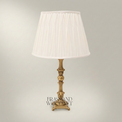 Baroque Brass and Ceramic Table Lamp Ornate Twisted Sphere Column Off-White Pleated Shade Antique Gold Front | Brass & Wood