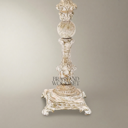 Baroque Brass and Ceramic Table Lamp Ornate Twisted Sphere Column Off-White Pleated Shade Silver Front | Brass & Wood