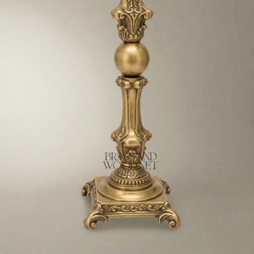 Baroque Brass and Ceramic Table Lamp Ornate Twisted Sphere Column Off-White Pleated Shade Antique Gold Front | Brass & Wood
