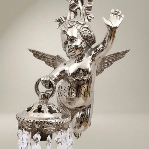 أبليك جداري باروكي على شكل ملاك من النحاس مع قناديل كريستال - Silver