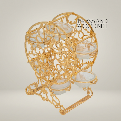 Baroque Circular Brass Filigree Serving Stand with Ornate Scrollwork and Glass Bowls - Brass and Wood Gold Front | Brass & Wood