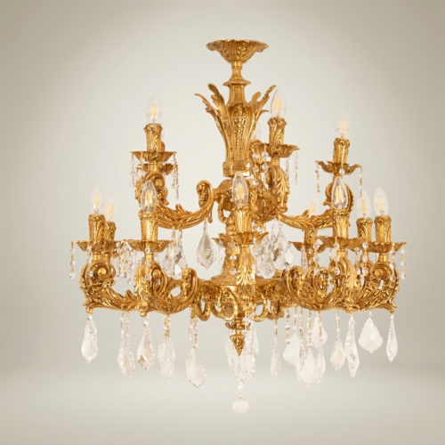 Baroque Brass Crystal 12-Arm Chandelier Acanthus Scroll Canopy Heavily Ornate Ceiling Light Gold Front | Brass & Wood