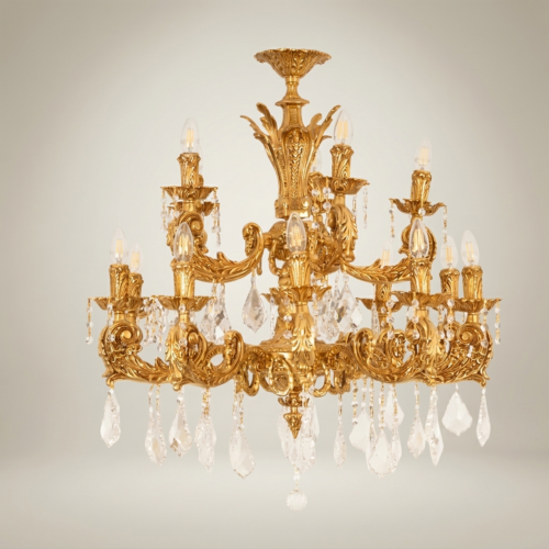 Baroque Brass Crystal 12-Arm Chandelier Acanthus Scroll Canopy Heavily Ornate Ceiling Light Gold Front | Brass & Wood