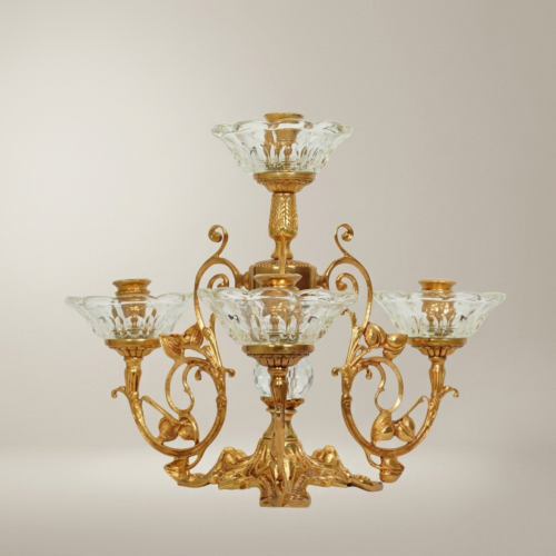 Baroque 4-Arm Brass Crystal Candelabra Ornate Scrollwork Rococo Centerpiece Brass and Wood Gold Front | Brass & Wood