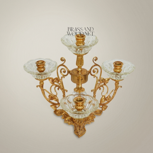 Baroque 4-Arm Brass Crystal Candelabra Ornate Scrollwork Rococo Centerpiece Brass and Wood Gold Front | Brass & Wood