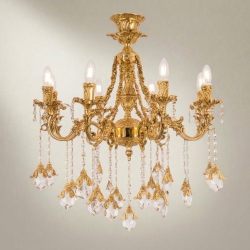 Baroque Handcrafted Brass 6-Arm Chandelier with Acanthus Scrolls and Floral Crystal Drops - Brass & Wood Gold Front | Brass & Wood