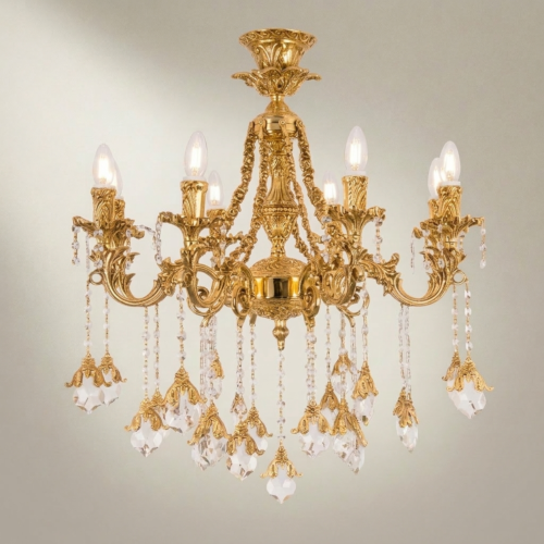 Baroque Handcrafted Brass 6-Arm Chandelier with Acanthus Scrolls and Floral Crystal Drops - Brass & Wood Gold Front | Brass & Wood