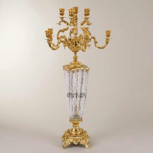 Baroque 7-Arm Brass and Engraved Crystal Candelabra with Rococo Scroll Arms and Ornate Base Gold Front | Brass & Wood