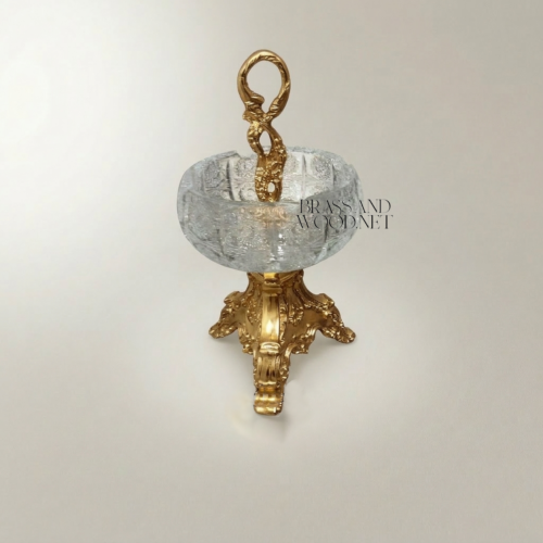 Baroque Engraved Crystal Ashtray on Ornate Brass Trifoil Scrolled Stand with Swan-Neck Handle Gold Front | Brass & Wood