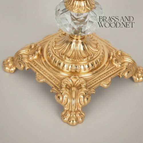 Baroque Brass Crystal Compote Vase Acanthus-Carved Footed Pedestal Brass and Wood Gold Front | Brass & Wood