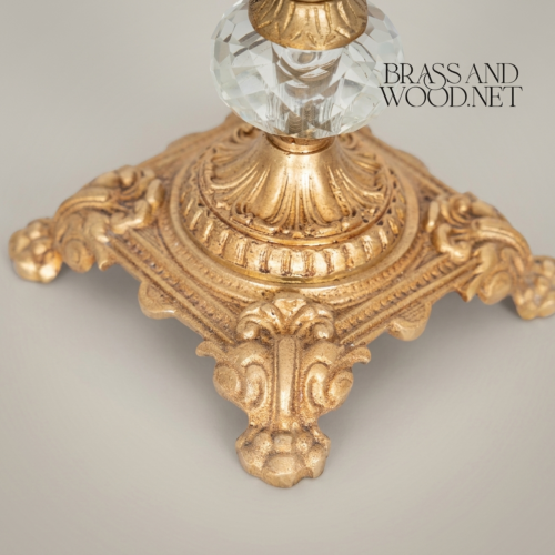 Baroque Brass Crystal Compote Vase Acanthus-Carved Footed Pedestal Brass and Wood Antique Gold Front | Brass & Wood