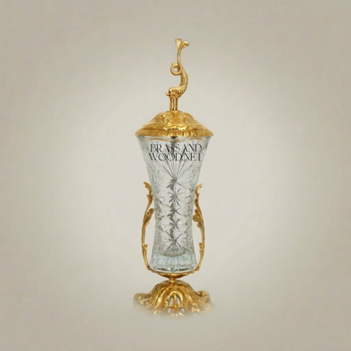 Baroque Brass Crystal Covered Goblet Vase Dolphin Finial Acanthus Rococo Stand - Brass and Wood Gold Front | Brass & Wood