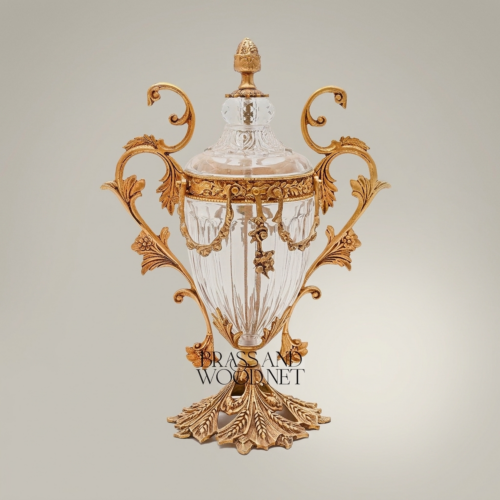 Baroque Brass Crystal Lidded Urn Vase Acanthus Scroll Handles Ornate Base Antique Gold Back | Brass & Wood