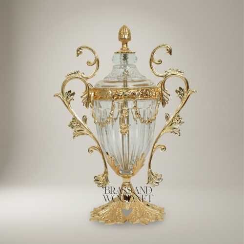 Baroque Brass Crystal Lidded Urn Vase Acanthus Scroll Handles Ornate Base Gold Front | Brass & Wood