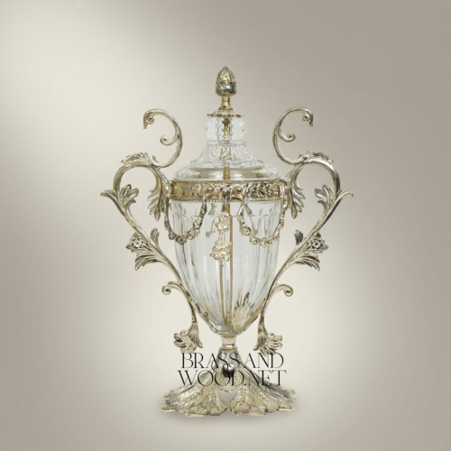 Baroque Brass Crystal Lidded Urn Vase Acanthus Scroll Handles Ornate Base Silver Front | Brass & Wood