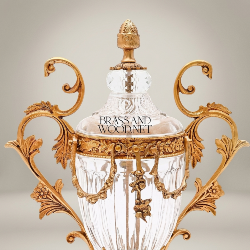 Baroque Brass Crystal Lidded Urn Vase Acanthus Scroll Handles Ornate Base Antique Gold Back | Brass & Wood