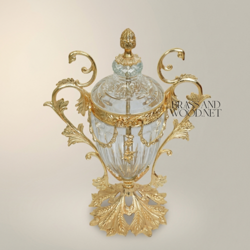 Baroque Brass Crystal Lidded Urn Vase Acanthus Scroll Handles Ornate Base Gold Front | Brass & Wood