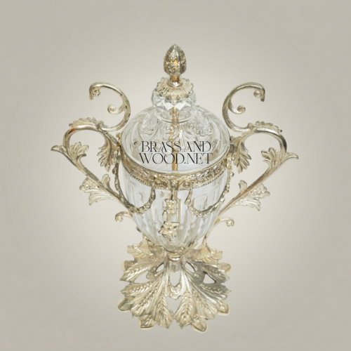 Baroque Brass Crystal Lidded Urn Vase Acanthus Scroll Handles Ornate Base Silver Front | Brass & Wood