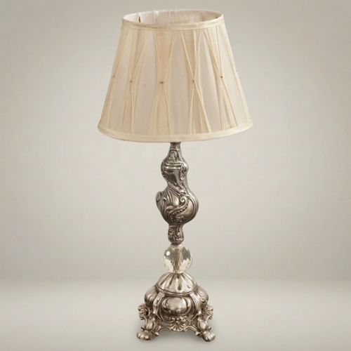 Baroque Handcrafted Brass Crystal Table Lamp Pleated Cream Fabric Shade Ornate Classical Silver Front | Brass & Wood