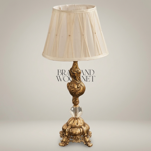 Baroque Handcrafted Brass Crystal Table Lamp Pleated Cream Fabric Shade Ornate Classical Antique Gold Front | Brass & Wood