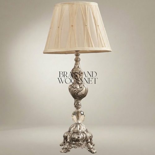 Baroque Handcrafted Brass Crystal Table Lamp Pleated Cream Fabric Shade Ornate Classical Silver Front | Brass & Wood