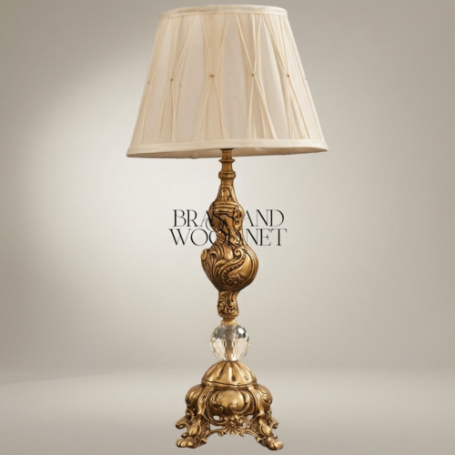 Baroque Handcrafted Brass Crystal Table Lamp Pleated Cream Fabric Shade Ornate Classical Antique Gold Front | Brass & Wood