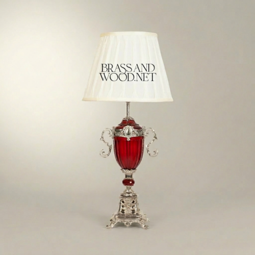 Baroque Brass Crystal Urn Table Lamp Scrolled Handles Pleated Off-White Shade Brass and Wood Silver Front | Brass & Wood