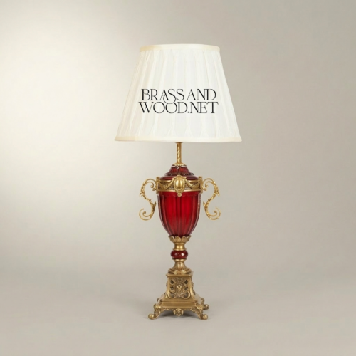 Baroque Brass Crystal Urn Table Lamp Scrolled Handles Pleated Off-White Shade Brass and Wood Antique Gold Front | Brass & Wood