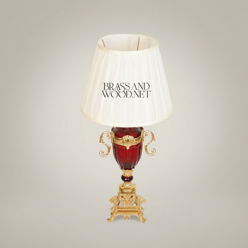 Baroque Brass Crystal Urn Table Lamp Scrolled Handles Pleated Off-White Shade Brass and Wood Gold Front | Brass & Wood