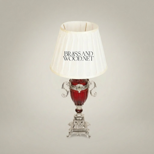 Baroque Brass Crystal Urn Table Lamp Scrolled Handles Pleated Off-White Shade Brass and Wood Silver Front | Brass & Wood