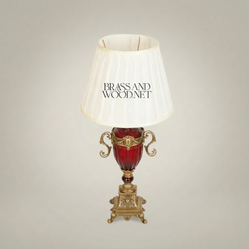 Baroque Brass Crystal Urn Table Lamp Scrolled Handles Pleated Off-White Shade Brass and Wood Antique Gold Front | Brass & Wood