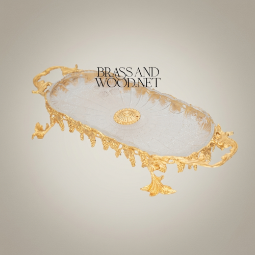 Baroque Oval Brass Glass Serving Tray Grapevine Leaf Frame Shell Medallion Handcrafted Brass and Wood Gold Front | Brass & Wood