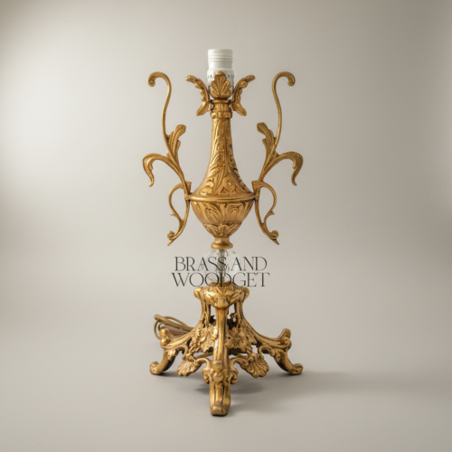 Baroque Handcrafted Brass Table Lamp Acanthus Urn Base Crystal Sphere Pleated Fabric Shade Gold Front | Brass & Wood