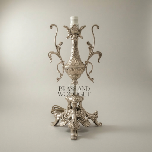 Baroque Handcrafted Brass Table Lamp Acanthus Urn Base Crystal Sphere Pleated Fabric Shade Silver Front | Brass & Wood