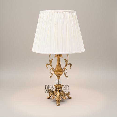 Baroque Handcrafted Brass Table Lamp Acanthus Urn Base Crystal Sphere Pleated Fabric Shade Gold Front | Brass & Wood