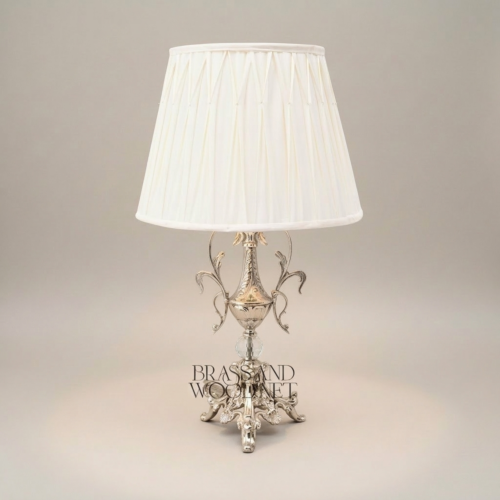 Baroque Handcrafted Brass Table Lamp Acanthus Urn Base Crystal Sphere Pleated Fabric Shade Silver Front | Brass & Wood