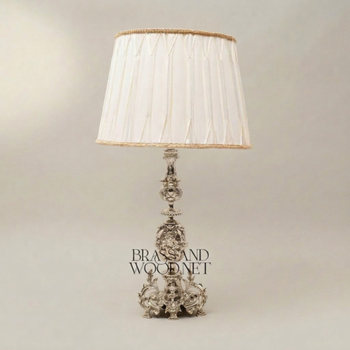 Baroque Handcrafted Brass Table Lamp Lion Medallion Rococo Base Pleated Off-White Shade Brass and Wood Silver Front | Brass & Wood